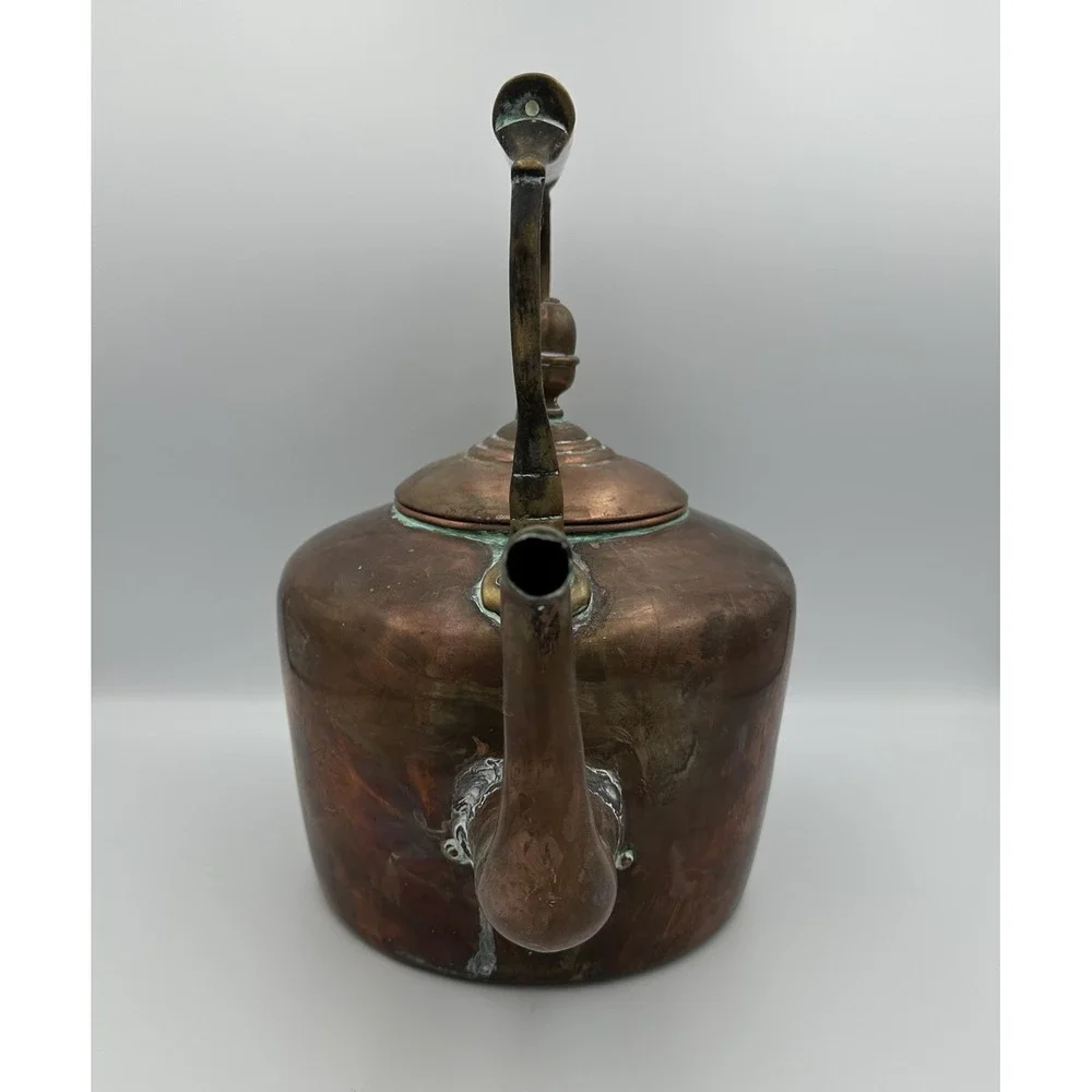Antique English Dovetail Joint Copper‎ Fireside Kettle Goose Neck Spout